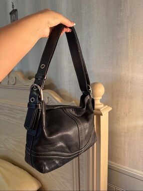 Coach Black Leather Shoulder Bag with White Stitching